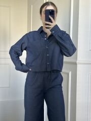Denim Gömlek Palazzo Pantolon Takım