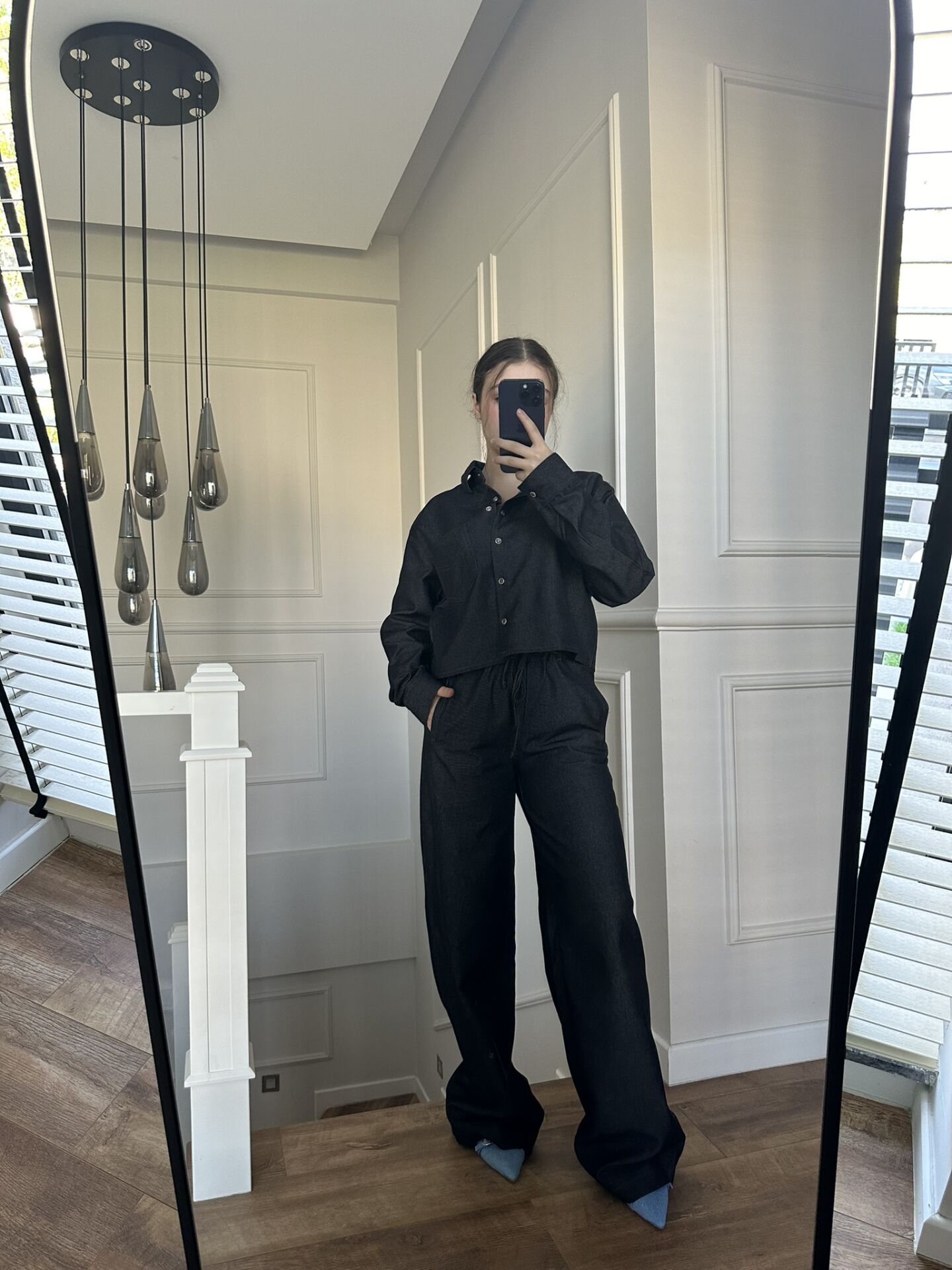 Denim Gömlek Palazzo Pantolon Takım Siyah - S