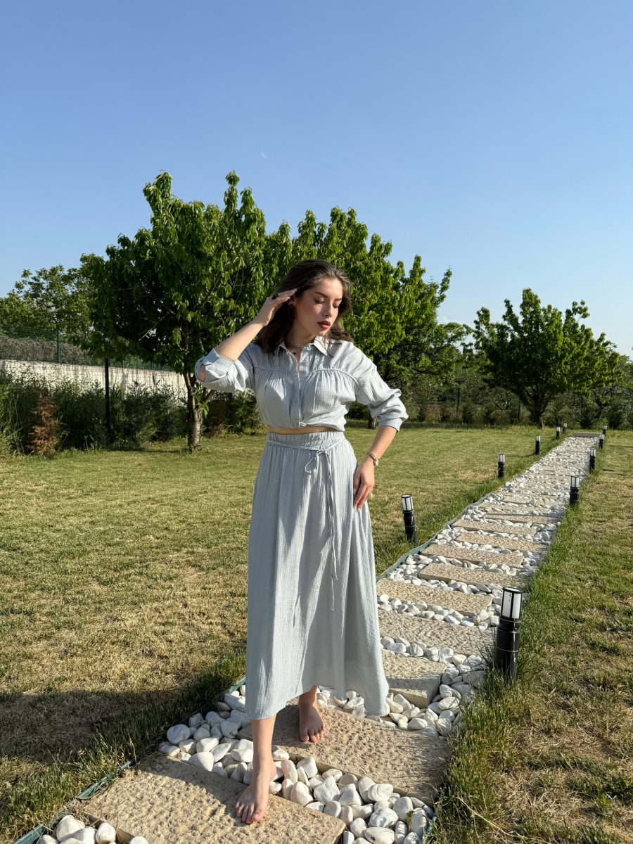 Premium Gömlek Etek Takım Bebe Mavisi - S