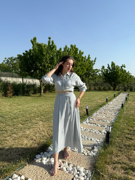 Premium Gömlek Etek Takım Bebe Mavisi - L