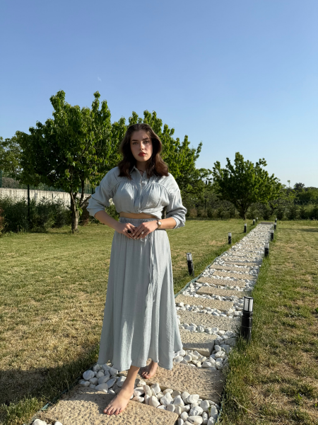 Premium Gömlek Etek Takım Bebe Mavisi - L